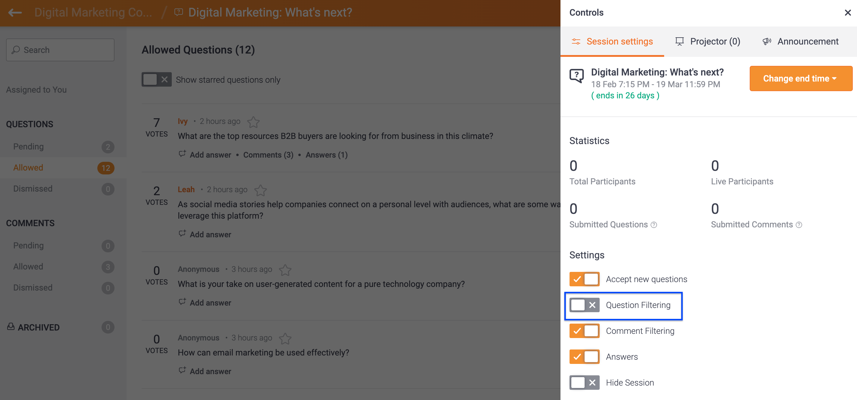 How to filter questions on the Admin Panel Help Centre