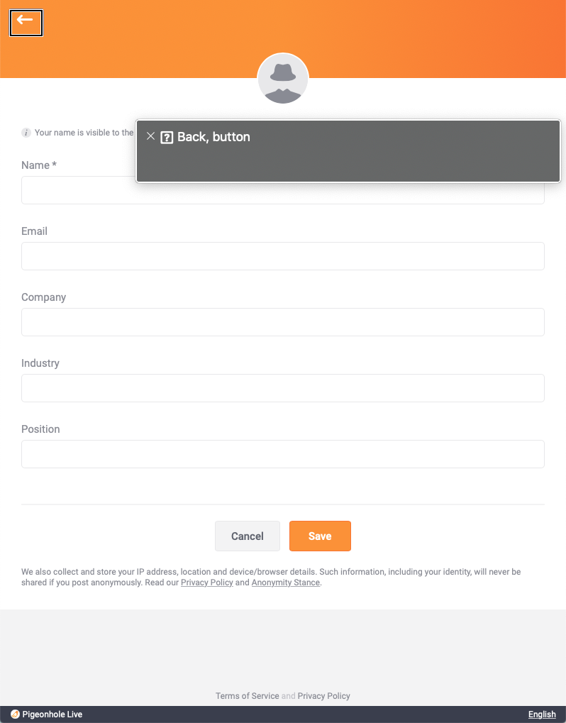 Back arrow in header navigation also carries a label that is read out to screen readers.