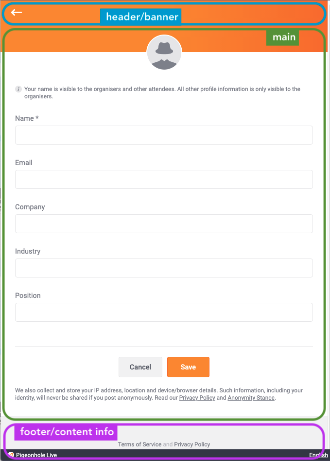 Attendee login/profile page landmark illustration. Header/banner contains Back to previous page link. Main contains all attendee information. Footer/content info contains legal information, a Pigeonhole Live sign-up link, and the language select.